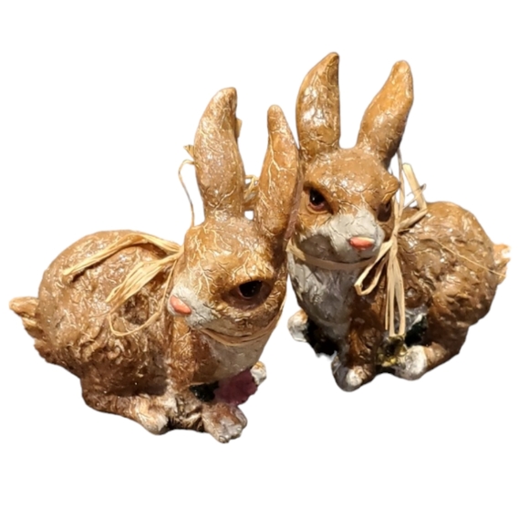 Vintage K's Collection Pair of Brown Easter/Spring Rabbits w/ Raffia Bows - Picture 1 of 4